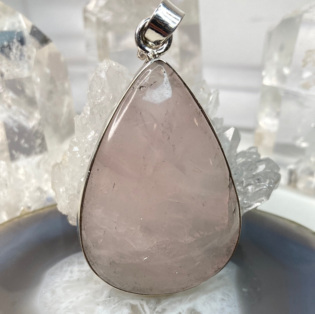 Sterling silver large pink quartz pendant