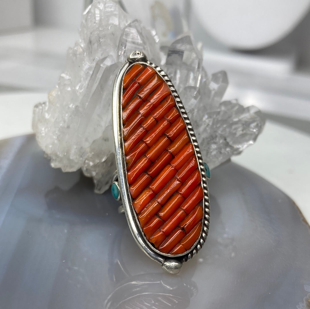 Sterling silver coral and turquoise large ring
