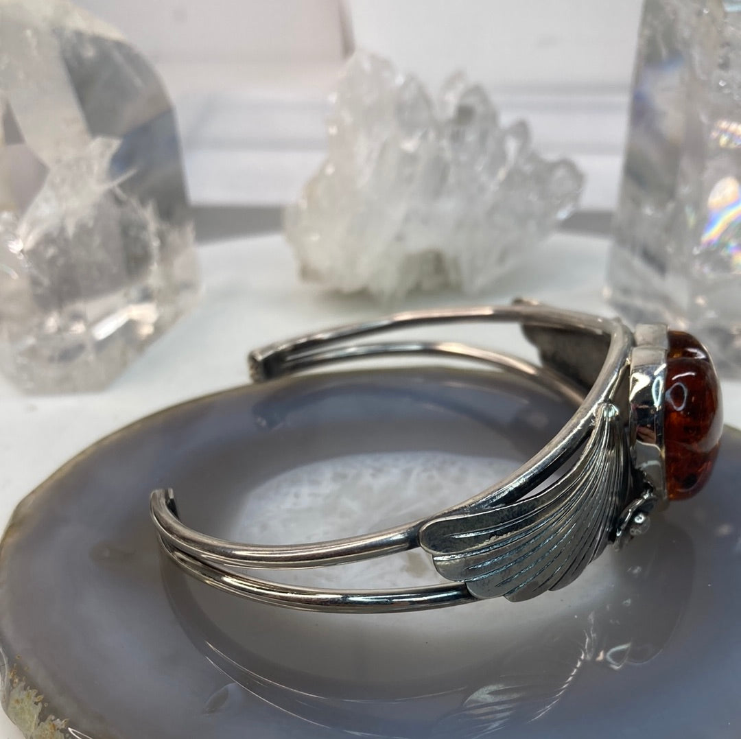 Sterling silver amber heart cuff bracelet