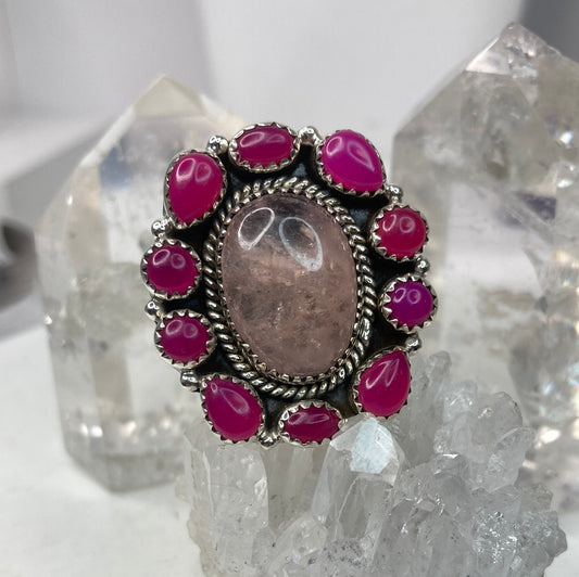 Sterling silver pink quartz cluster ring