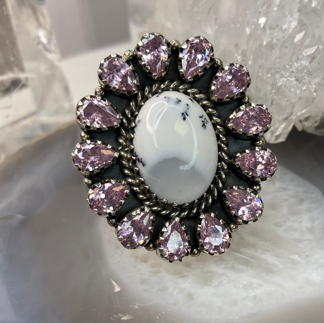 Sterling silver pink topaz dendritic opal cluster ring