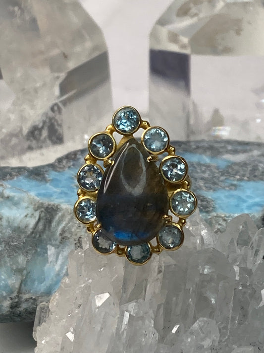 Sterling silver labradorite and topaz ring