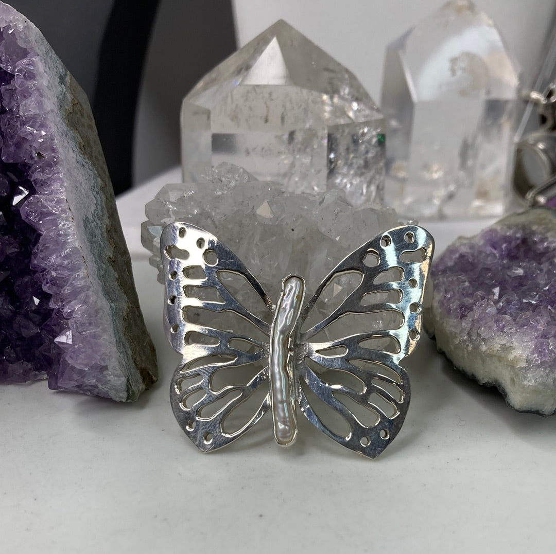 Sterling silver pearl butterfly pendant